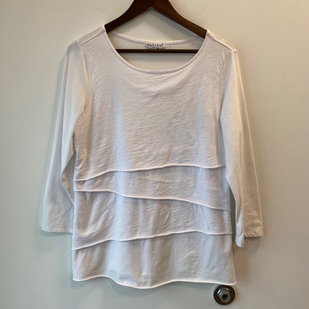 Habitat Top Womens S White 3/4 Sleeve Tiered Layered Cotton Blend Boho Cottage